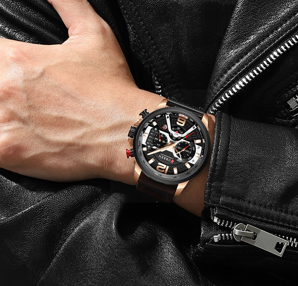 Relógio Masculino Curren Chrono Edition Pulseira Couro Legítimo Linha Luxo Relógio Curren Gold - Acessórios 019 elefanteonline.com.br 