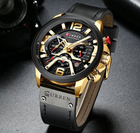 Relógio Masculino Curren Chono Edition Pulseira Couro Legítimo Linha Luxo Relógio Curren Gold - Acessórios 019 elefanteonline.com.br Preto Gold 